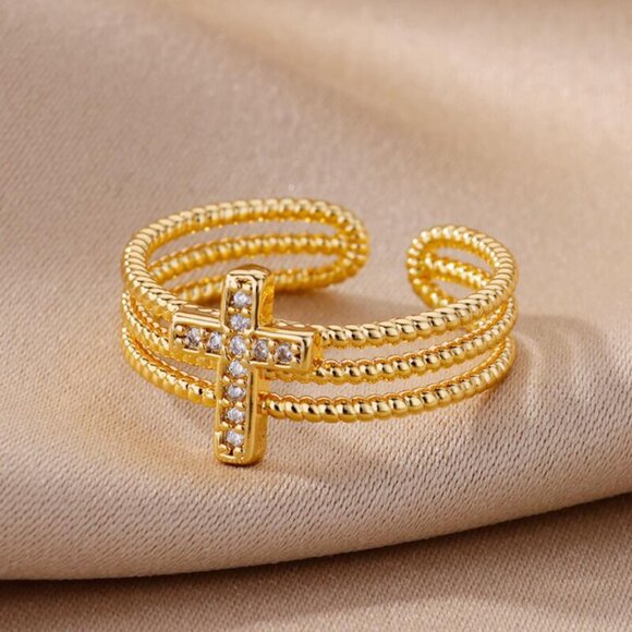 3/$35 18K Gold Plated Copper Open Ring Cubic Zirconia Cross Dainty Jewelry - Picture 7 of 7
